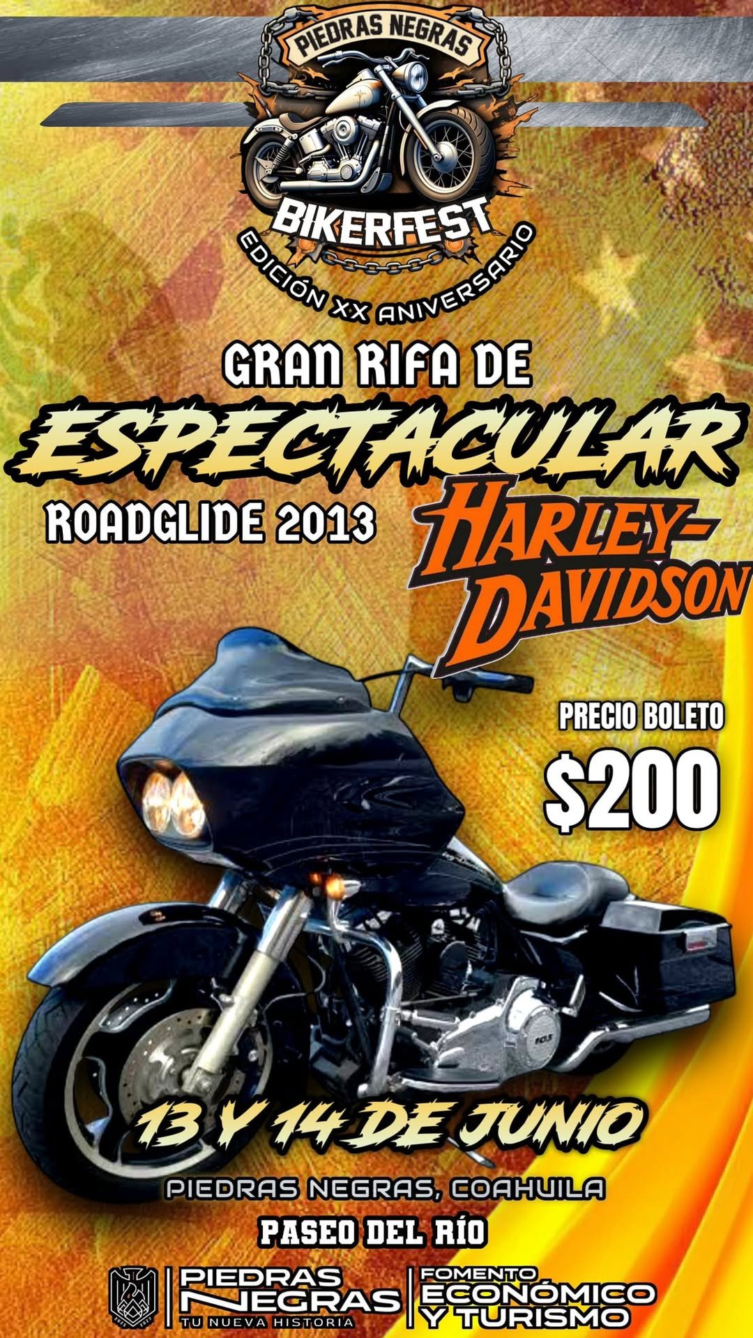 Biker Fest 2025 Piedras Negras, Biker Fest Coahuila motos y rock, evento motociclístico junio 2025, Fuego Indio concierto biker, stunters acrobacias motociclistas, Harley‑Davidson rifa Piedras Negras, Paseo del Río festival motos, evento biker norte de México, 20 aniversario Biker Fest, turismo motero Coahuila 2025